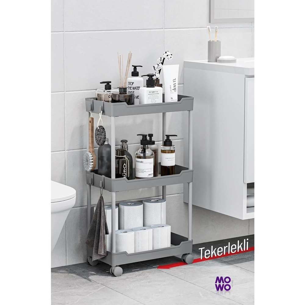 Mowo Home Mowo 2 Katlı Gri Tekerlekli Banyo Rafı, Mutfak Rafı, Havluluk