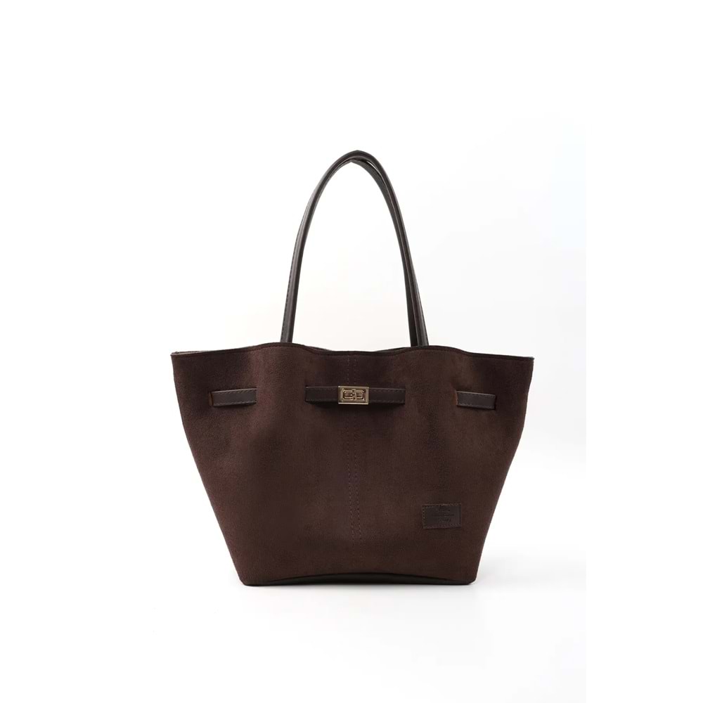 Shaka Kahverengi Süet Shk159 Suni Deri, Astarlı, Çıtçıtlı, Kilit Detaylı El, Kol ve Omuz Çantası