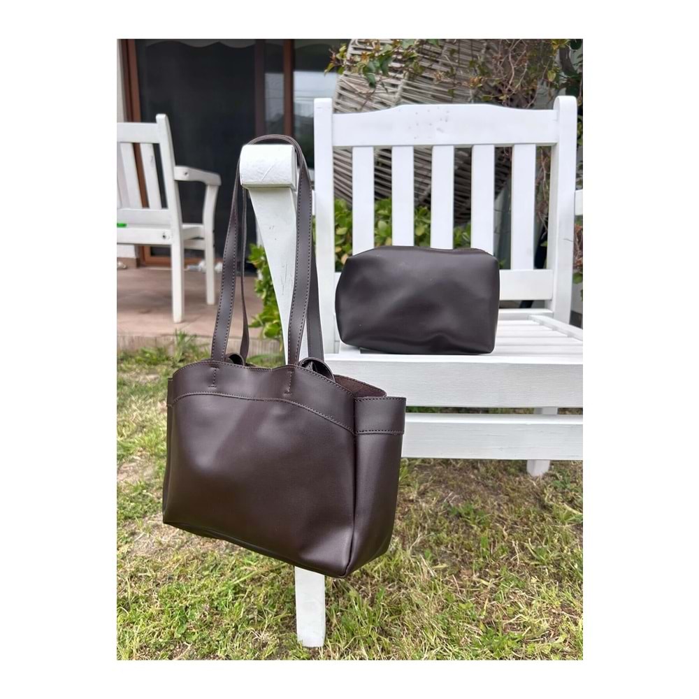 B&S Bag Kadın Acı Kahve Mat Deri Süet Astarlı Yavrulu El ve Omuz Çantası