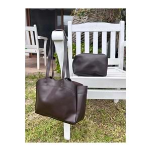 B&S Bag Kadın Acı Kahve Mat Deri Süet Astarlı Yavrulu El ve Omuz Çantası