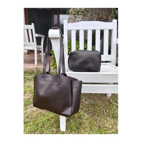 B&S Bag Kadın Acı Kahve Mat Deri Süet Astarlı Yavrulu El ve Omuz Çantası