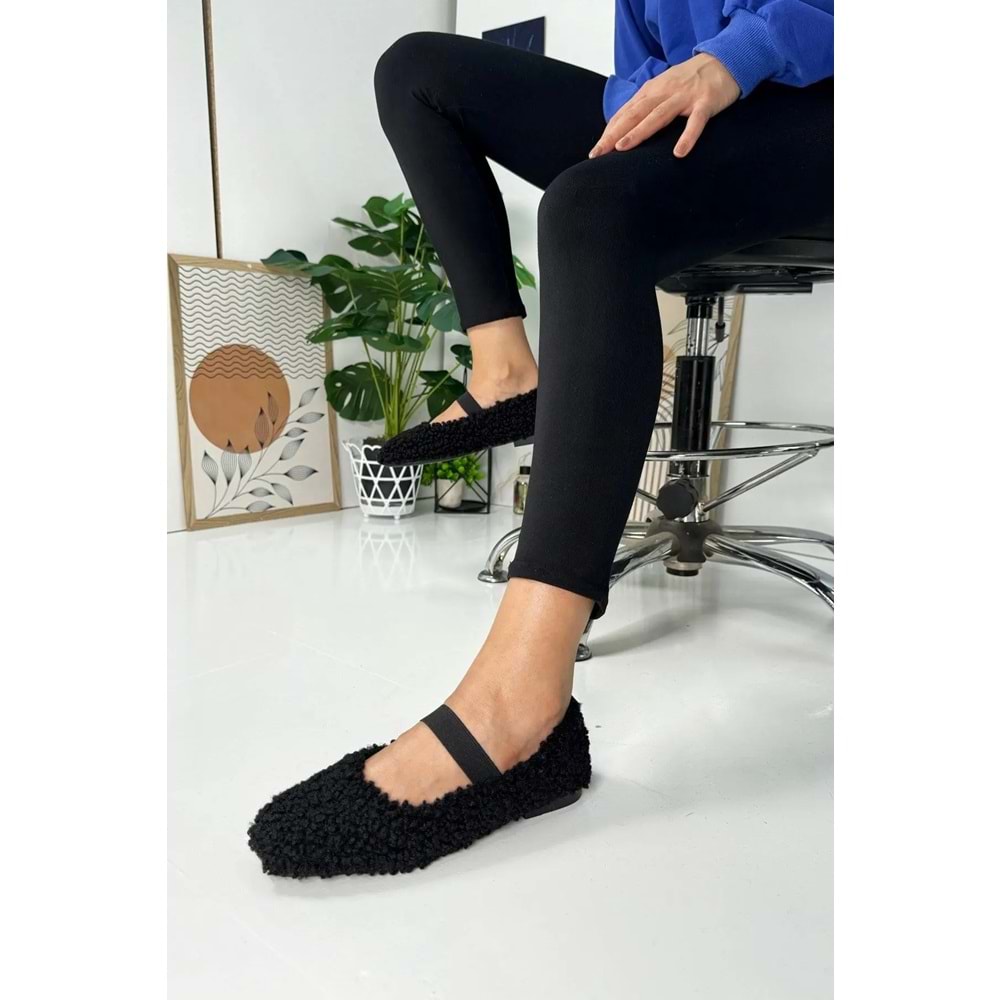 Günlük Kadın Babet Lastikli Peluş Hafif Oval Burunlu Ayakkab