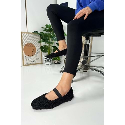Günlük Kadın Babet Lastikli Peluş Hafif Oval Burunlu Ayakkab