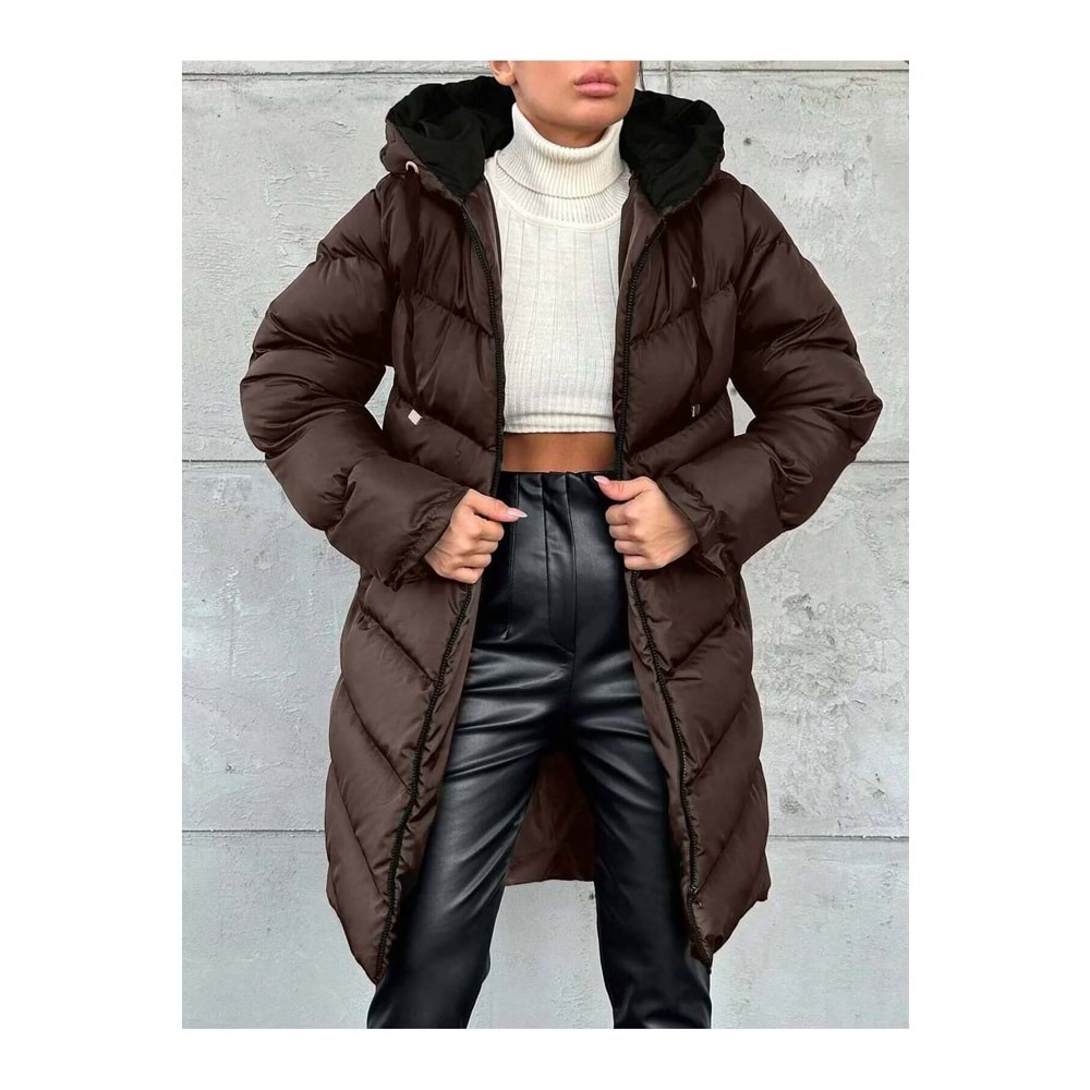 BLUSS Kadın Kapüşonlu Uzun Elyaf Dolgulu Şişme Mont – Su Geçirmez Kışlık Oversize Kahverengi Jessica