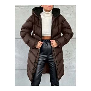 BLUSS Kadın Kapüşonlu Uzun Elyaf Dolgulu Şişme Mont – Su Geçirmez Kışlık Oversize Kahverengi Jessica