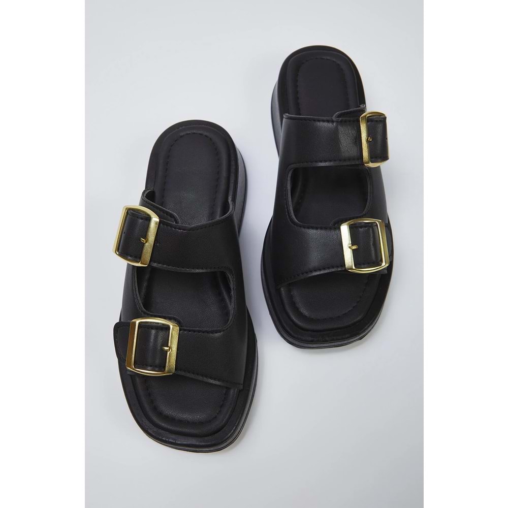 Trendyolmilla Shoes Siyah Çift Bantlı Toka Detaylı Kalın Taban Kadın Terlik TAKSS25TE00044