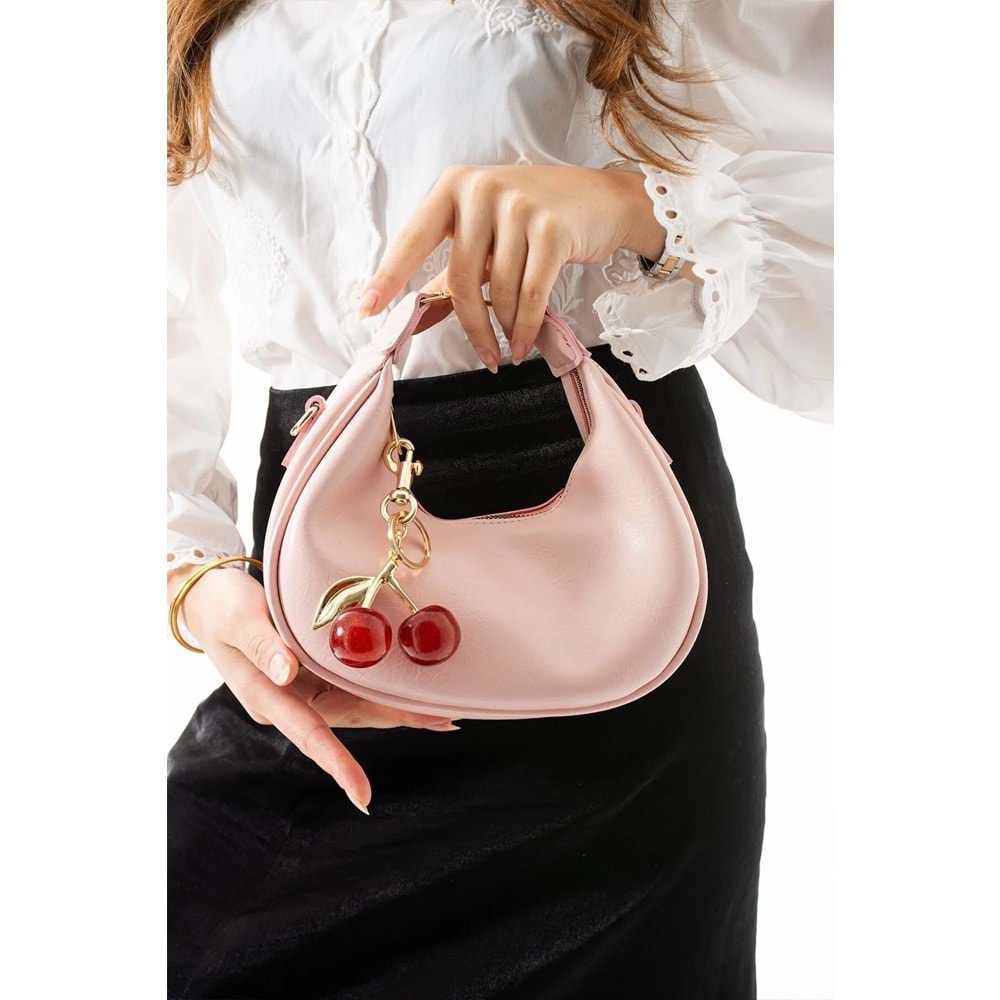 H&D COLLECTİON kadın el ve omuz çantası kiraz charm hediyeli pembe