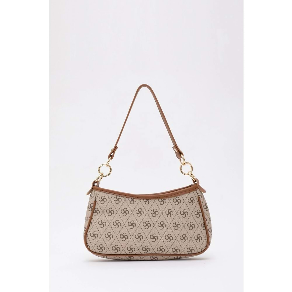 Shaka Monogram Baskılı Vizon/Taba Shk113 Suni Deri Astarlı Fermuarlı Ayarlanabilir Askılı El, Kol ve Omuz Çantası