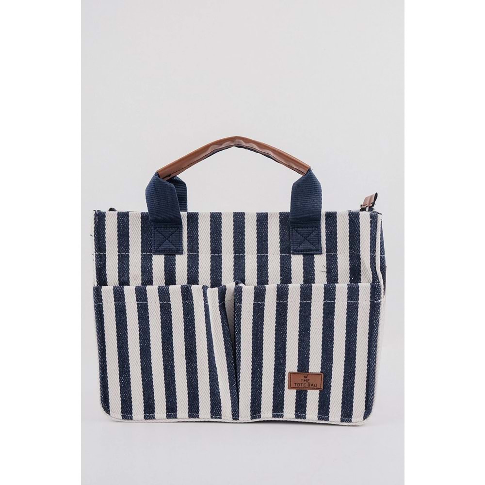 THE TOTE BAG LACİVERT ÇİZGİLİ CANVAS KADIN OMUZ ÇANTA