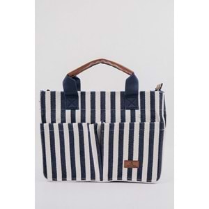 THE TOTE BAG LACİVERT ÇİZGİLİ CANVAS KADIN OMUZ ÇANTA