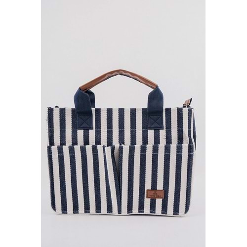 THE TOTE BAG LACİVERT ÇİZGİLİ CANVAS KADIN OMUZ ÇANTA