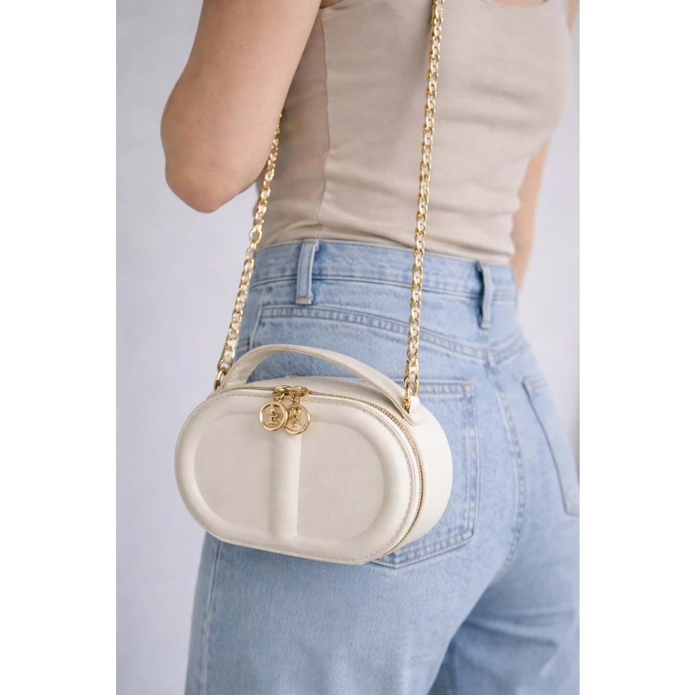 El&Ba çanta Kadın Zincir Askılı Mini Oval Omuz & Çapraz Çanta – Siyah / Krem