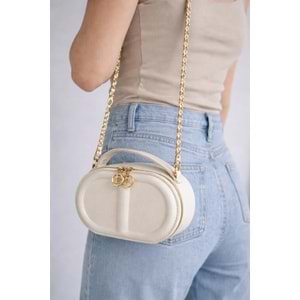 El&Ba çanta Kadın Zincir Askılı Mini Oval Omuz & Çapraz Çanta – Siyah / Krem