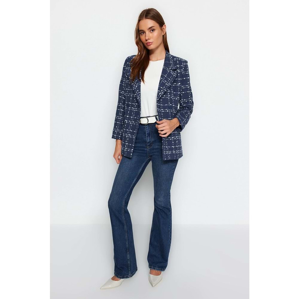 Lacivert Tüvit Regular Dokuma Ekose Blazer