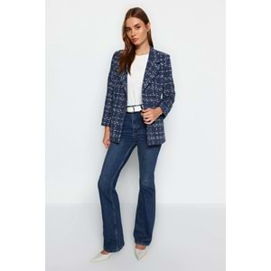Lacivert Tüvit Regular Dokuma Ekose Blazer