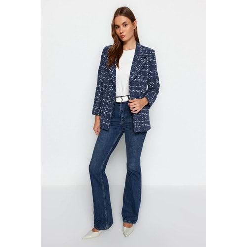 Lacivert Tüvit Regular Dokuma Ekose Blazer