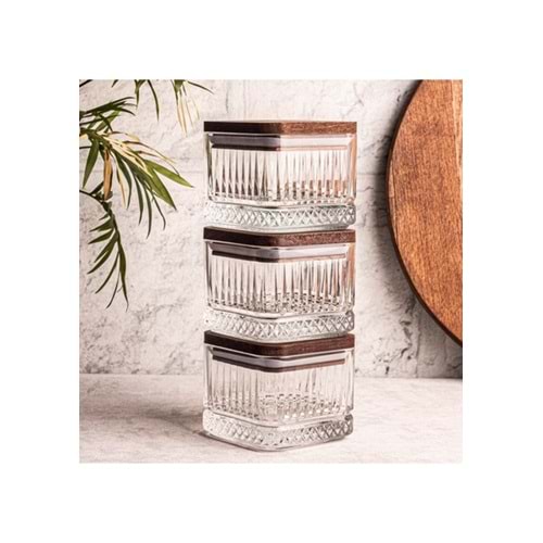 Snippy Bella Kare Ahşap Vakumlu Kare Kapaklı Cam Kahvaltılık Çok Amaçlı Cam Çerezlik 230 ml
