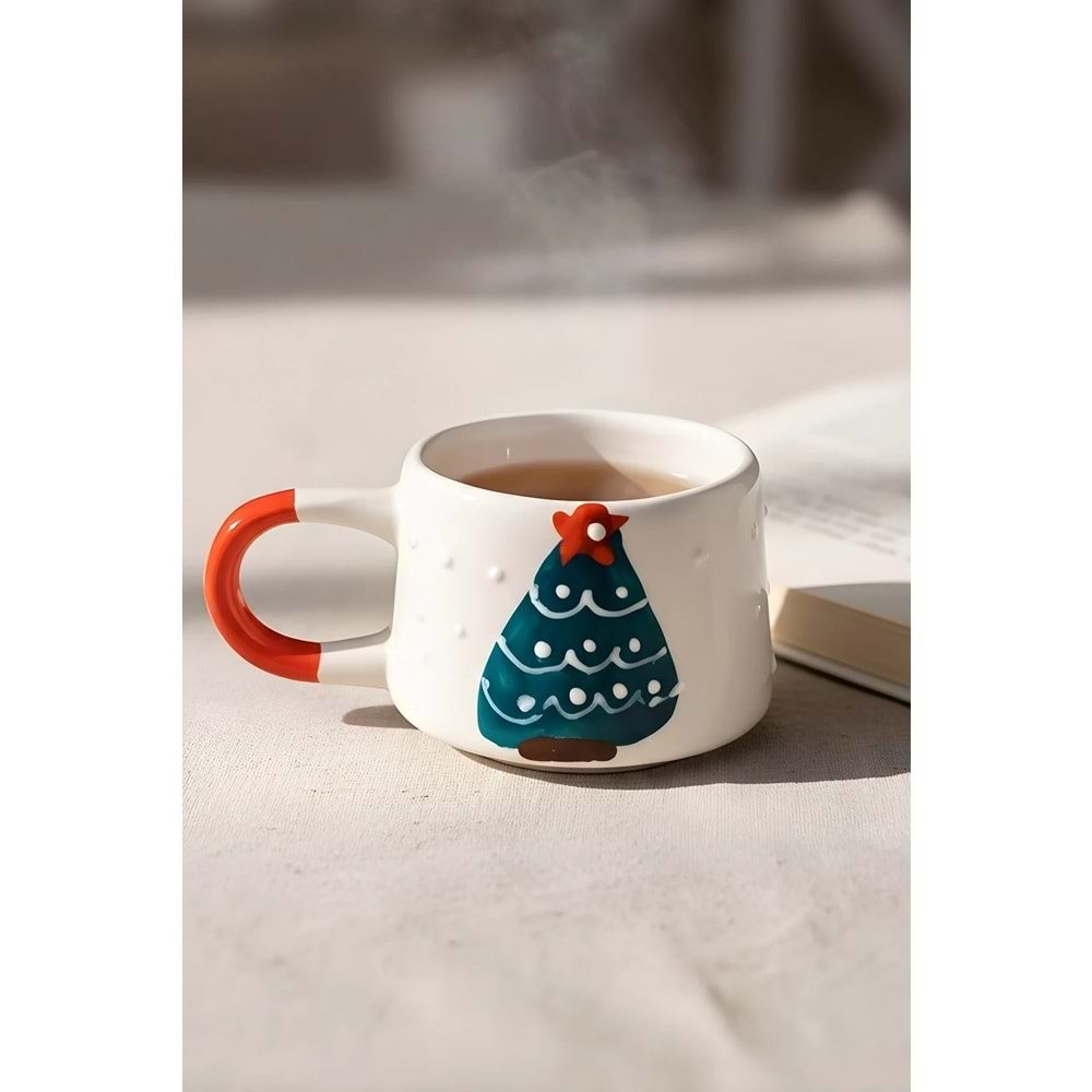 Hopce Mira El Yapımı Noel Ağacı Desenli Yılbaşı Temalı Seramik Kahve Ve Çay Kupa | 180 ml
