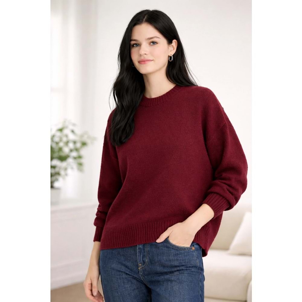 Ritnice Bordo Oversize Bisiklet Yaka Triko Kadın Kazak