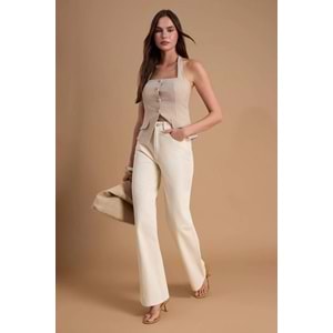 Trendyolmilla Ekru Yüksek Bel Straight/Düz Kesim %100 Pamuk Jeans