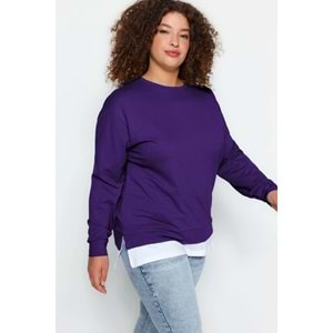 Mor Alttan T-Shirt Çıkma Görünümlü İnce Örme Büyük Beden Sweatshirt
