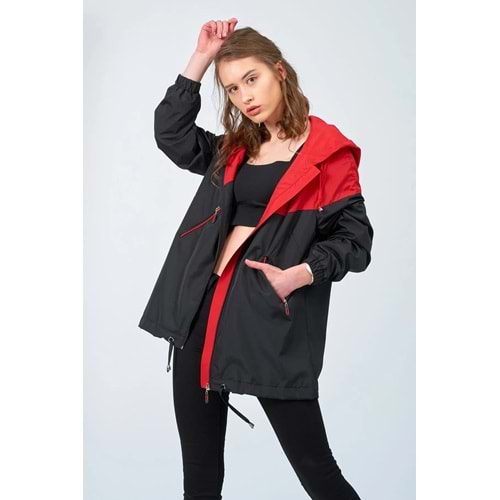 Moda Tuğram Kadın Siyah Kırmızı Yağmurluk
