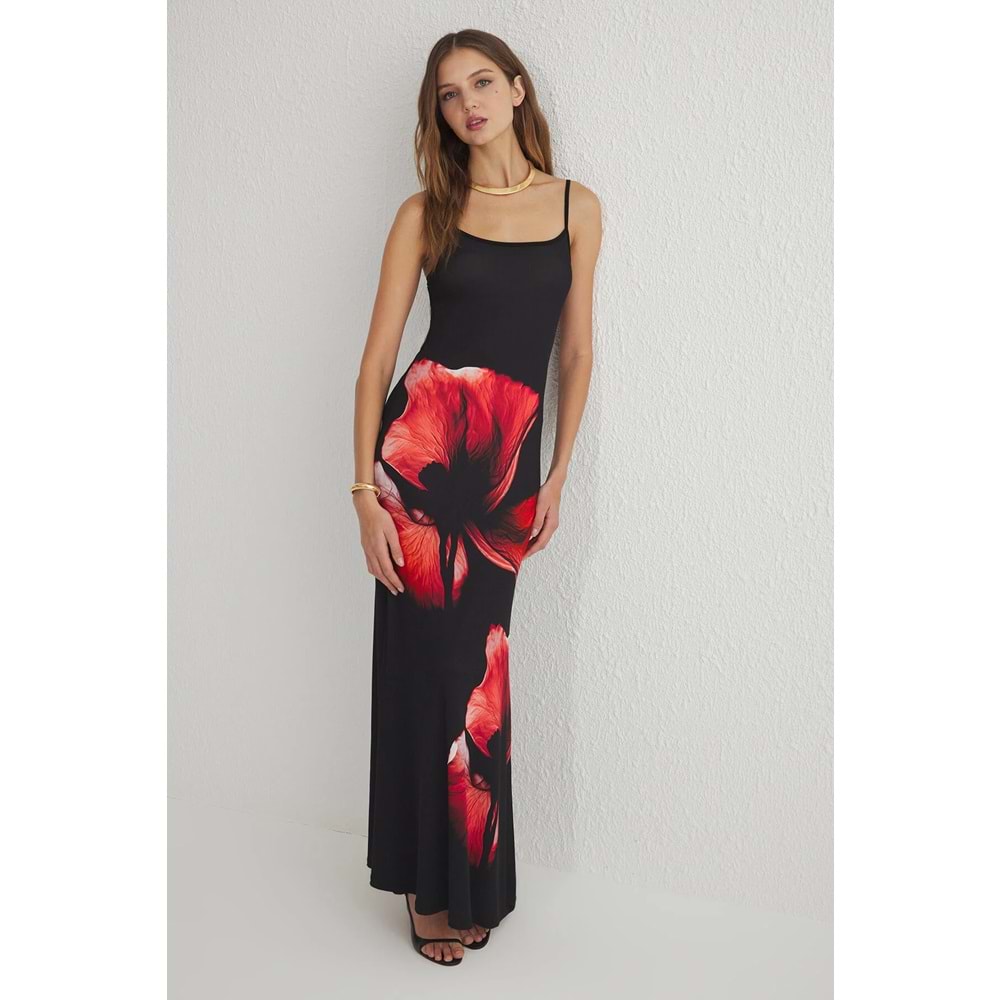 Trendyolmilla Siyah*001 Çiçek Baskılı Maxi Bodycone/Vücuda Oturan Askılı Esnek Örme Elbise