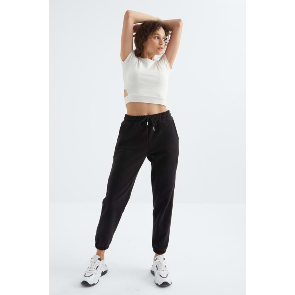 Siyah Yüksek Bel Basic Bağcıklı Jogger Polar Eşofman Alt
