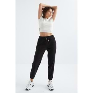 Siyah Yüksek Bel Basic Bağcıklı Jogger Polar Eşofman Alt