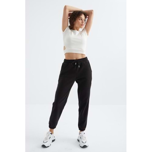 Siyah Yüksek Bel Basic Bağcıklı Jogger Polar Eşofman Alt