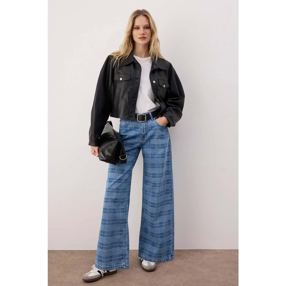Mavi Ekose Desenli Yüksek Bel Wide Leg Jeans