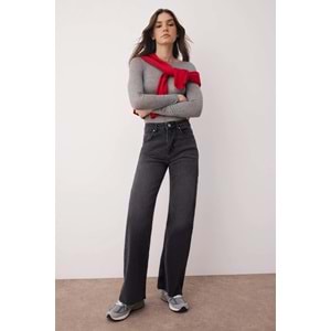 Trendyolmilla Siyah Yüksek Bel Paçası Kesikli Wide Leg/Geniş Paça Palazzo Comfort/Esnek Smoke Jeans