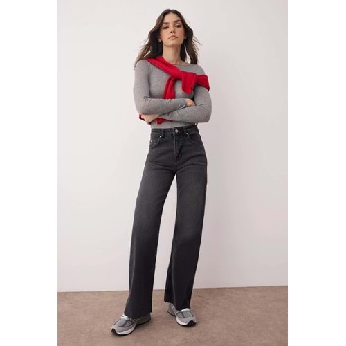 Trendyolmilla Siyah Yüksek Bel Paçası Kesikli Wide Leg/Geniş Paça Palazzo Comfort/Esnek Smoke Jeans