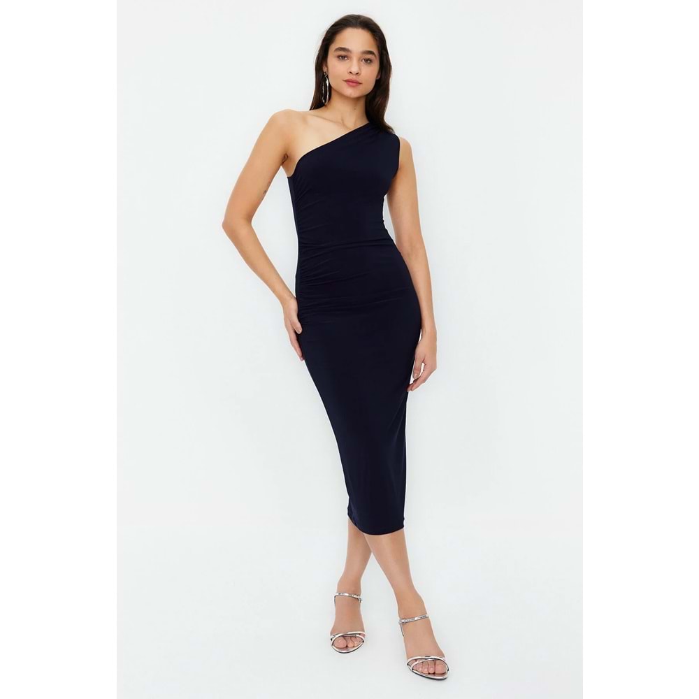 Lacivert Tek Omuzlu Drapeli Fitted/Vücuda Oturan Maxi Esnek Örme Midi Kalem Elbise