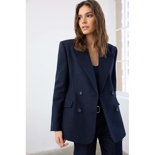Lacivert Kaşe Balıksırtı Kruvaze Fitted/Vücuda Oturan Kalıp Dokuma Blazer Ceket