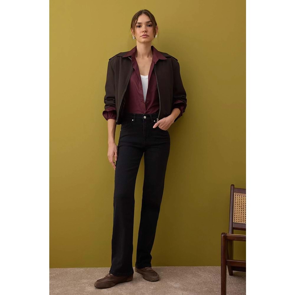 Trendyolmilla Siyah Normal Bel Geniş Paça Orta Esnek Straight Smoke Jeans