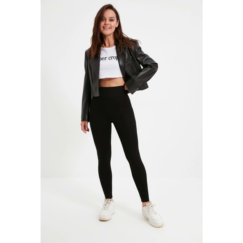 Trendyolmilla Siyah Yüksek Bel Basic Beli Lastikli İnterlok Örme Tayt