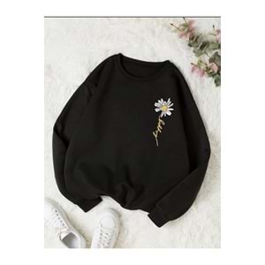 Tarzsokak Siyah Oversize Papatya Baskılı 0 Yaka Kapşonsuz Pamuklu Kadın Sweatshirt