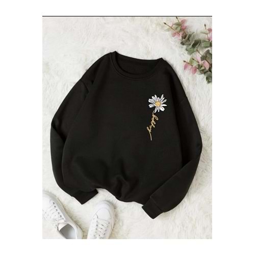 Tarzsokak Siyah Oversize Papatya Baskılı 0 Yaka Kapşonsuz Pamuklu Kadın Sweatshirt