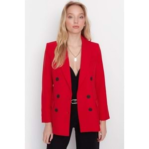 Trendyolmilla Kırmızı Dokuma Astarlı Kruvaze Kapama Dokuma Yılbaşı Blazer Ceket