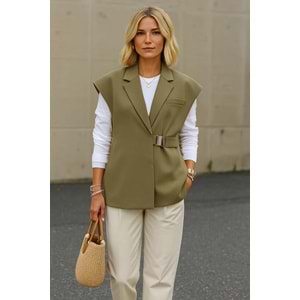 Haki Kruvaze Kapamalı Toka Aksesuarlı Dokuma Kumaş Yelek