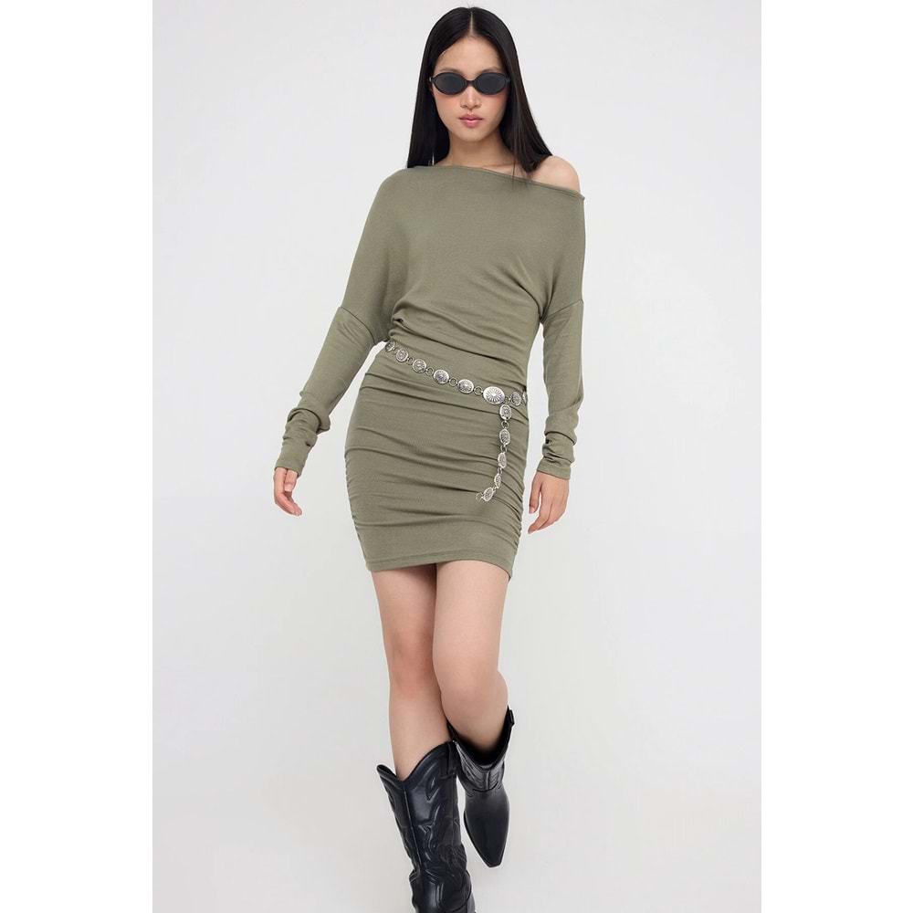 Haki Asimetrik Yaka Bodycone/Vücuda Oturan Mini Örme Elbise