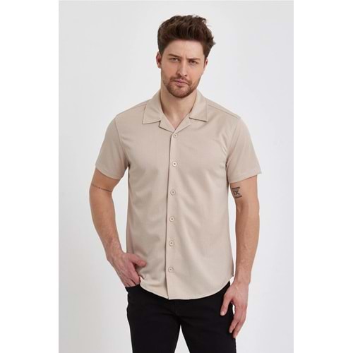 Erkek Gömlek Slim Fit Apaş Yaka Çizgi Desenli Kısa Kollu Gömlek Yazlık Gömlek