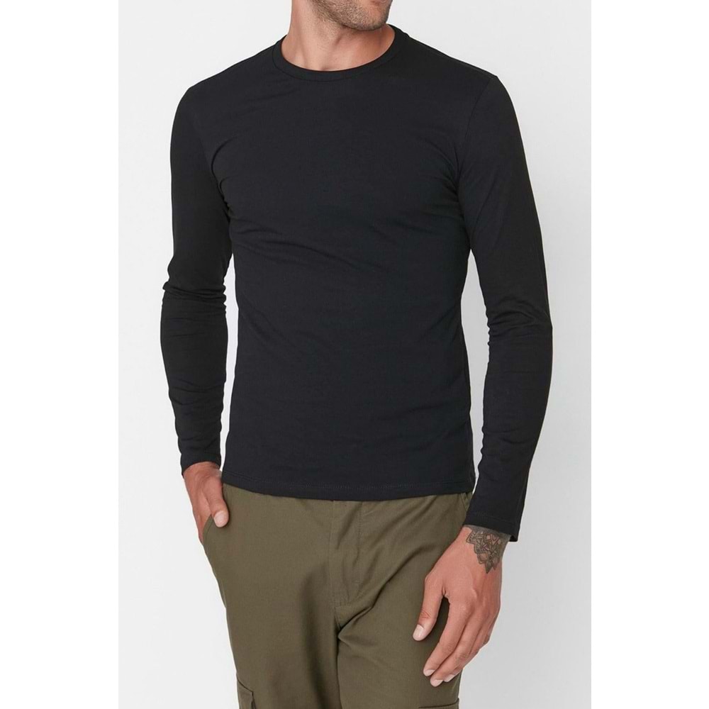 Siyah Erkek Basic Regular/Normal Kesim Bisiklet Yaka Uzun Kollu T-Shirt