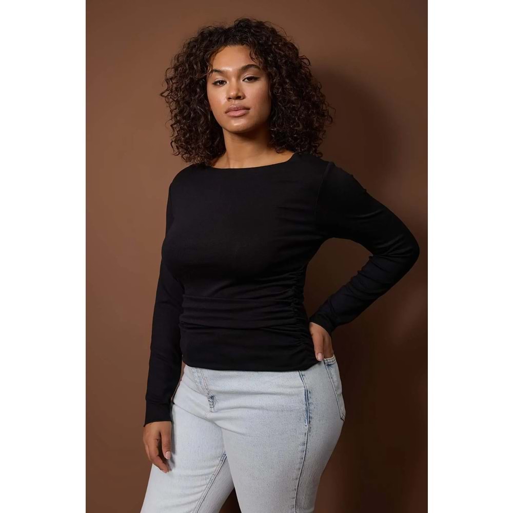 Trendyolmilla Curve Siyah Düz Fitted/Vücuda Oturan Büzgü Detaylı Esnek Örme Bluz