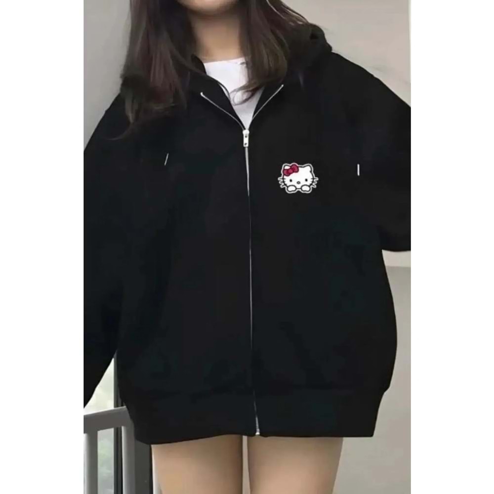 Hello Kitty Baskılı Kapüşonlu Kanguru Cepli Oversize Mevsimlik Fermuarlı Sweatshirt/Hırka