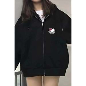 Hello Kitty Baskılı Kapüşonlu Kanguru Cepli Oversize Mevsimlik Fermuarlı Sweatshirt/Hırka