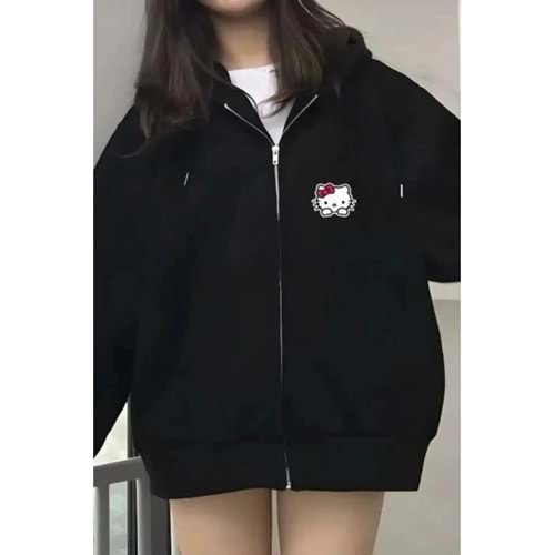 Hello Kitty Baskılı Kapüşonlu Kanguru Cepli Oversize Mevsimlik Fermuarlı Sweatshirt/Hırka