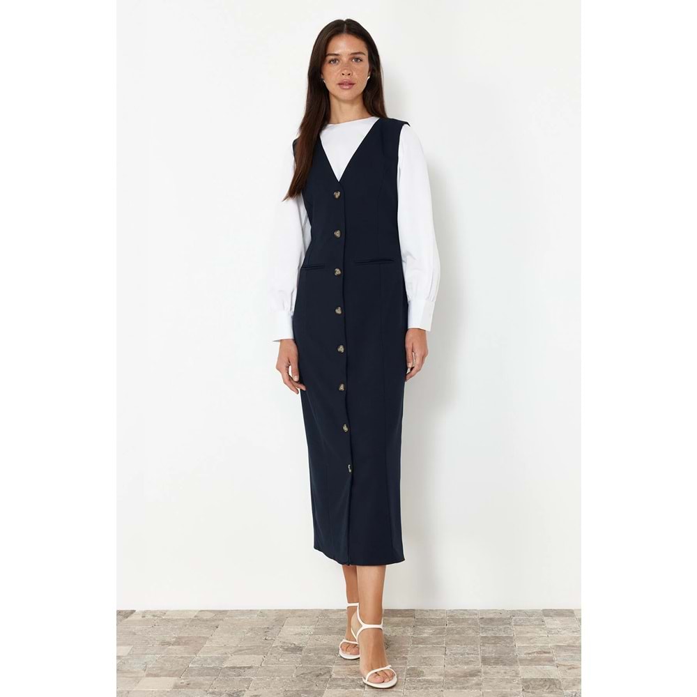 Trendyolmilla Modest Lacivert Dokuma Kumaş Jile Elbise TCTSS24EB00202
