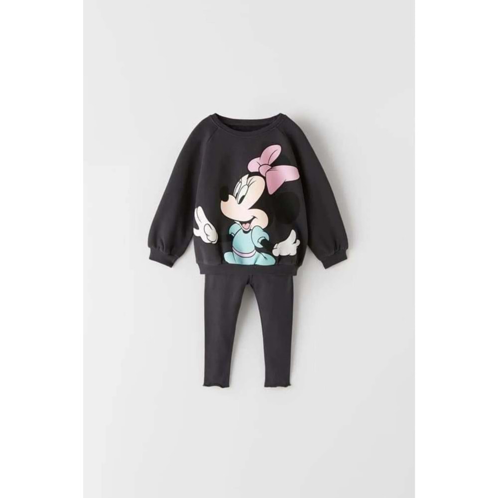 Minnie Mouse Baskılı Kız Çocuk Oversize Sweatshirt ve Tayt Takımı - Siyah